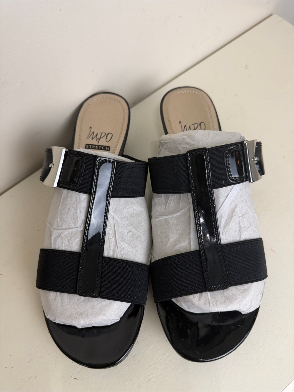 Impo Black Patent Slide Sandals with Silver Buckle